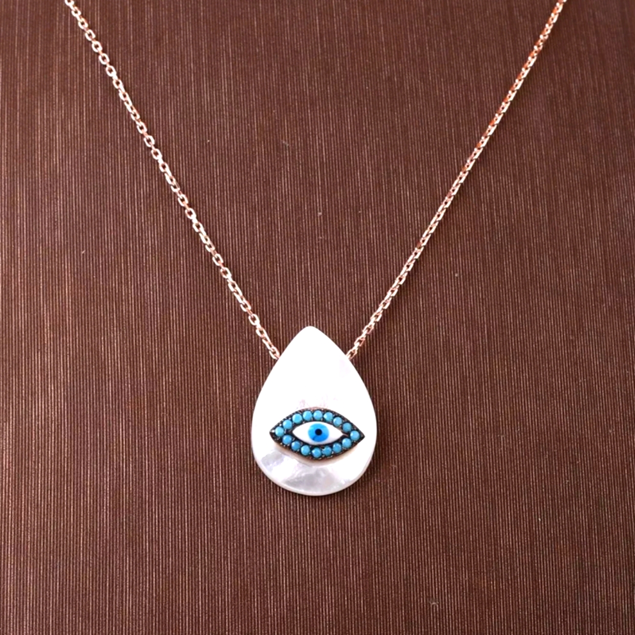 Turquoise Evil Eye On Mother Of Pearl Drop S.Silver 14k Rose Gold Chain